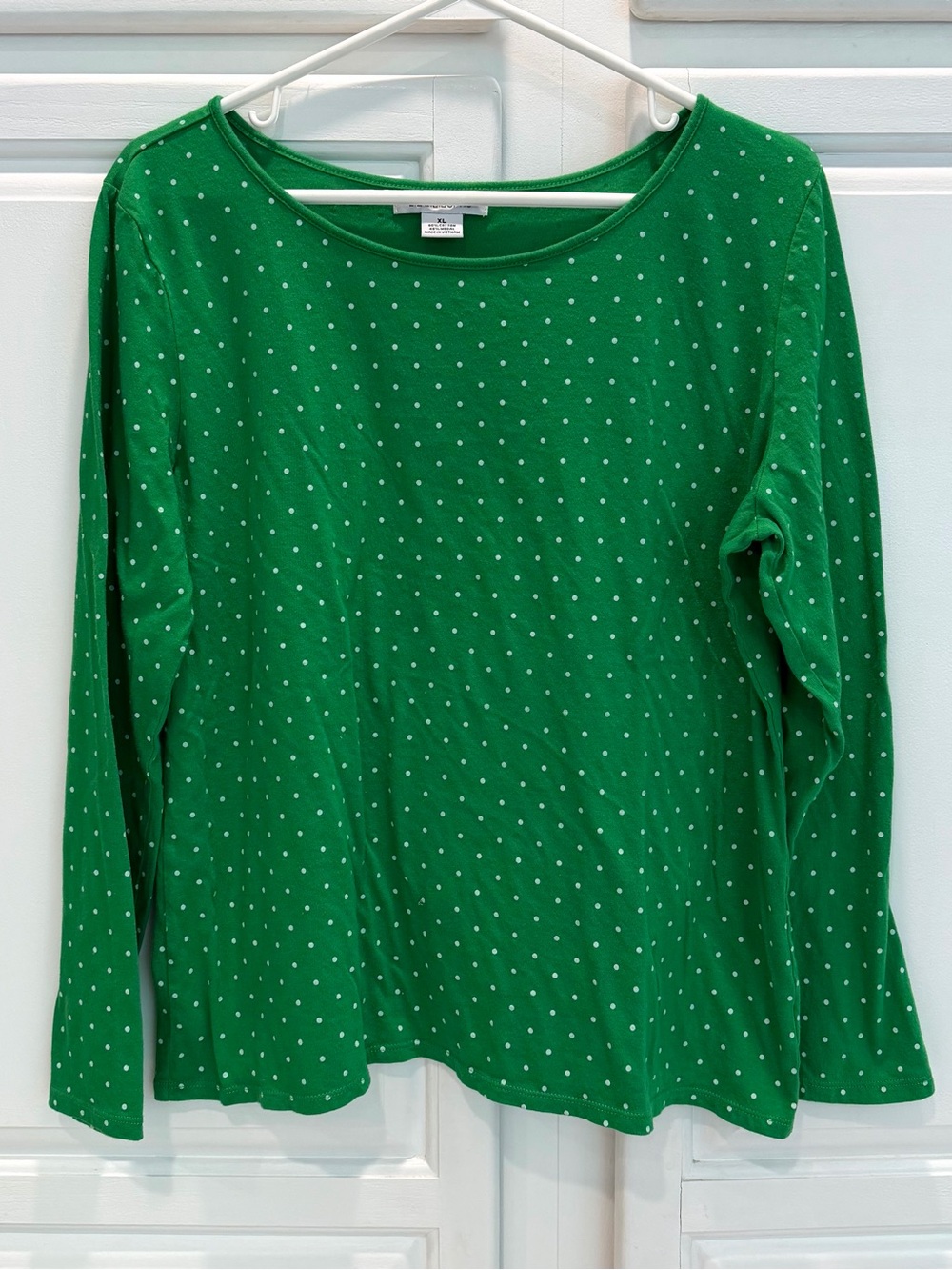 Liz Claiborne Womens XL Knit Long Sleeve Scoop Neck T Shirt Green White Dot